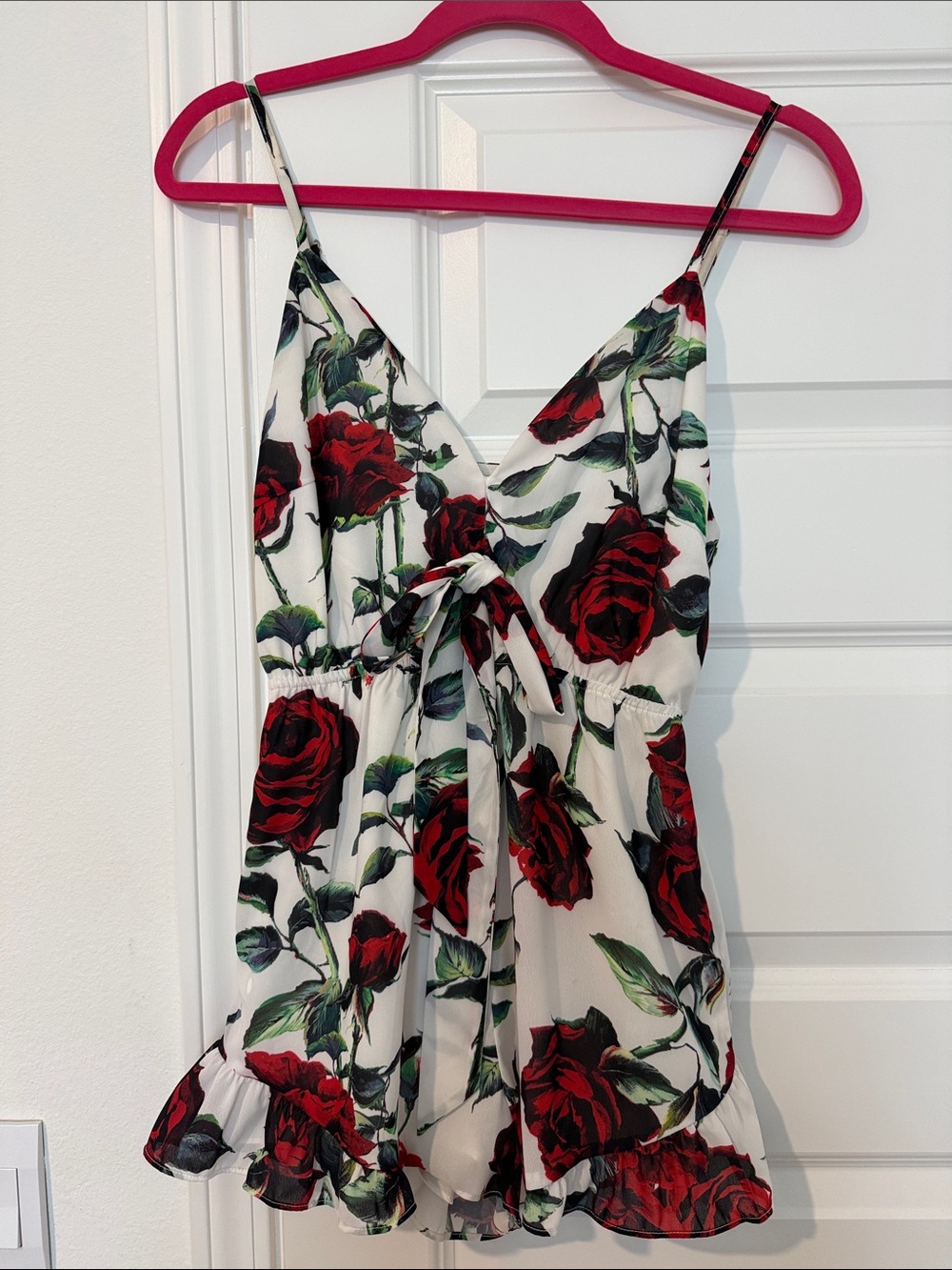 Women’s White Floral Tie-Front Romper with Red Rose Print